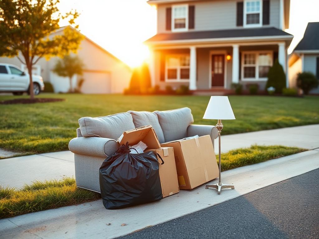 A sofa, boxes, and bags neatly placed at the curb for pickup